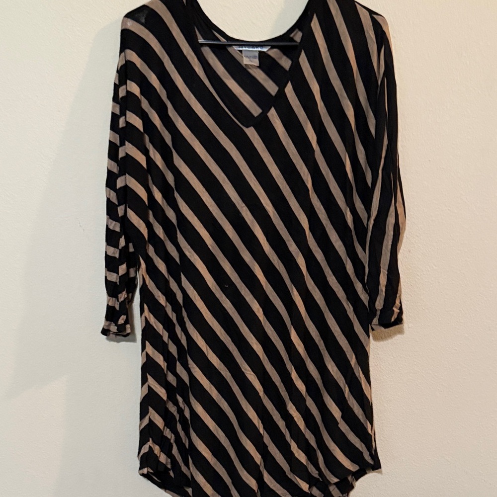 Peter Nygard Black and Beige Striped V-Neck Mini Dress